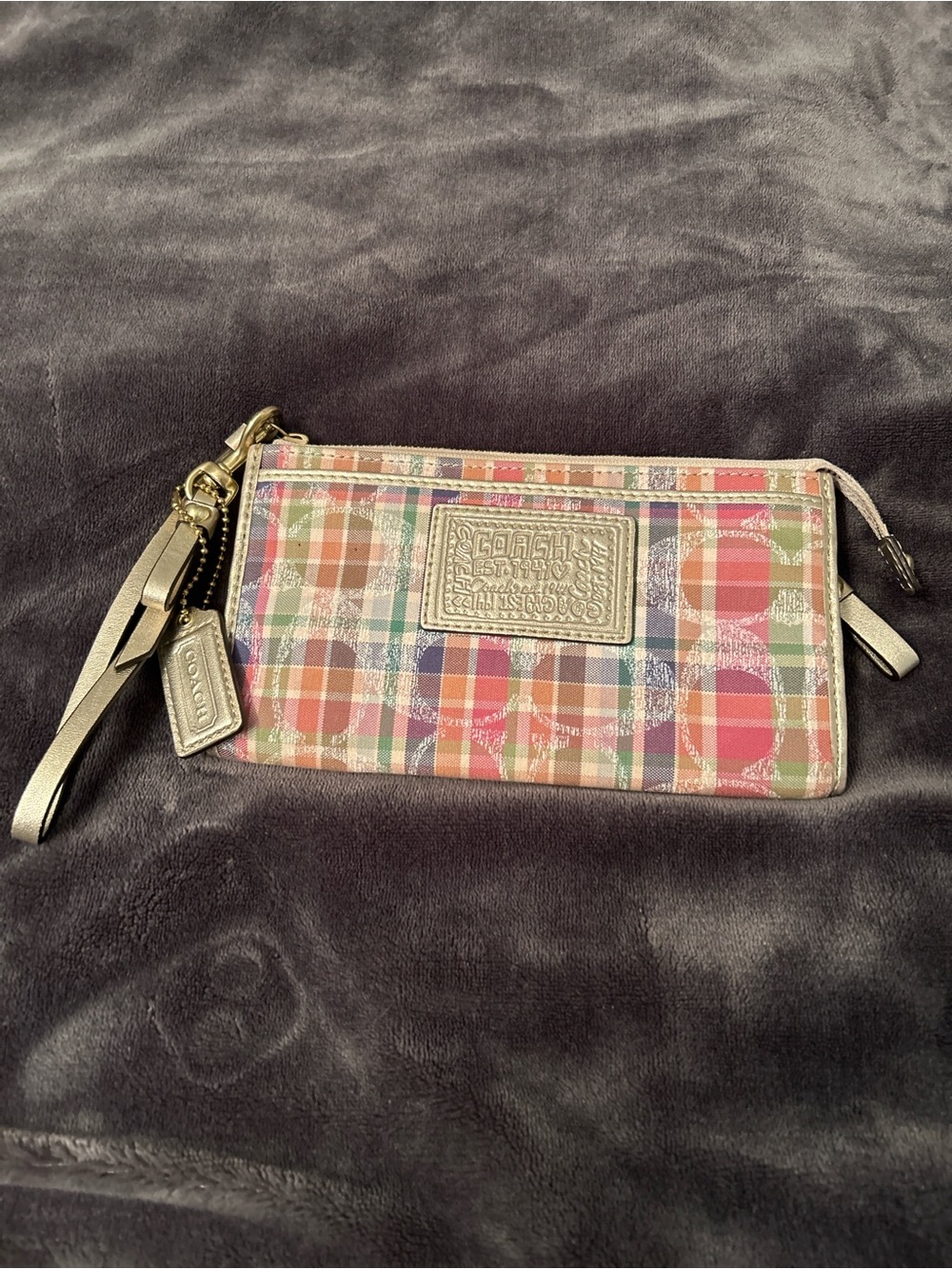 Coach Y2K Poppy Madras Multicolor canvas Plaid Wristlet with Gold Hardware